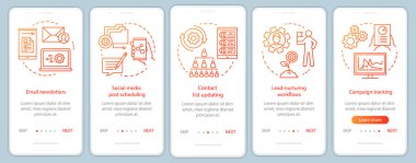Pazarlama otomasyonu turuncu onboarding mobil uygulama sayfası ekran vektör şablonu. Yazılım platformları doğrusal çizimler ile web sitesi adımları walkthrough. Ux, Ui, Gui akıllı telefon arayüz konsepti
