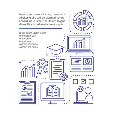 İstatistik ders makale sayfa vektör şablonu. Ölçümler araçları, veri analizi sınıfları. Doğrusal simgeler ve metin kutuları ile broşür tasarım öğesi. Baskı tasarımı. Metin alanı ile kavram çizimleri
