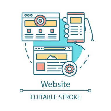 Web sitesi kavram simgesi. Seo, Sem fikir ince çizgi illüstrasyon için Kanallar. Ağ, web sitesi optimizasyonu. Multimedya içeriği. İnternet protokolü. Vektör yalıtılmış anahat çizimi. Kullanılabilir kontur
