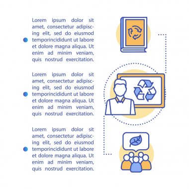 Sıfır atık eğitim, makale sayfası vektör şablonu. Doğrusal simgeler ve metin kutuları ile broşür, dergi, kitapçık tasarım elemanı. Atık yönetimi. Baskı tasarımı. Metin alanı ile kavram çizimleri 