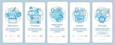Dijital pazarlama spesiyaliteleri doğrusal kavramlarla mobil uygulama sayfası ekranında mavi biniş. Metin yazarı, Seo yöneticisi walkthrough adımları grafik talimatları. Ux, Ui, Gui vektör şablonu çizimleri ile