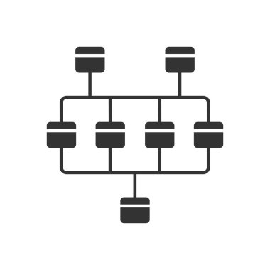 Ağ diyagramı glyph simgesi. Küme diyagramı. Bilgisayar bilimi. Ağ grafik grafiği. Bilgisayar yapısı. Birbirine bağlı sistem. Siluet sembolü. Negatif boşluk. Vektör izole illüstrasyon