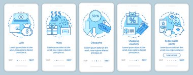 Doğrusal kavramlarla mobil uygulama sayfası ekranına başvuru ödülleri. Walkthrough adımları grafik yönergeleri. Nakit, ödüller, indirimler. Ux, Ui, Gui vektör şablonu çizimleri ile
