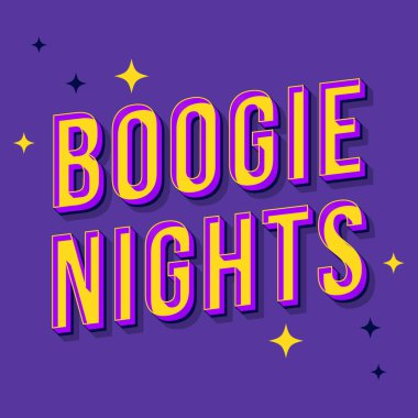 Boogie gece vintage 3d vektör yazı. Retro kalın yazı tipi, yazı tipi. Pop art stilize metin. Eski tarz mektuplar. 90'lar, 80'ler afiş, afiş, t shirt tipografi tasarımı. Mor renk arka plan
