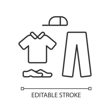 Kriket üniforması lineer simgesi. Spor fanilaları. Spor. Yakalı gömlek, uzun pantolon, şapka, ayakkabı. Erkek kıyafeti. İnce çizgi çizimi. Kontur sembolü. Vektör yalıtılmış anahat çizimi. Kullanılabilir kontur