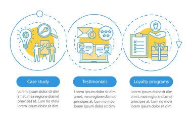 Karar verme içeriği vektör infografik şablonu. İş sunumu tasarım öğeleri. Üç adım ve seçenekle veri görselleştirme. İşlem zaman çizelgesi grafiği. Doğrusal simgelerle iş akışı düzeni