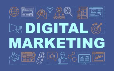 Dijital pazarlama kelime kavramları afiş. Reklamlar, teknolojiler, iş. Sunum, web sitesi. Doğrusal simgeler ile izole harf tipografi fikri. Vektör anahat çizimi