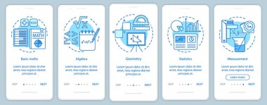 Öğrenme matematik dersi, mobil uygulama sayfası ekran vektör şablonu onboarding eğitim aracı. Doğrusal çizimler ile Walkthrough web sitesi beş adım. Ux, Ui, Gui akıllı telefon arayüzü concep