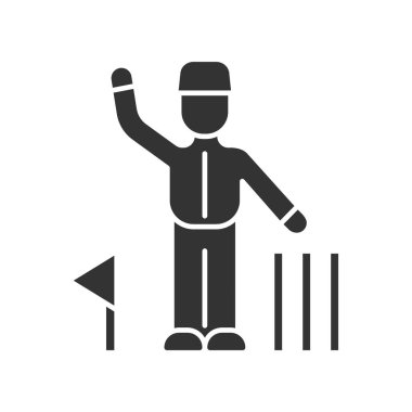 Cricket judge glyph icon. Umpire signals decision. Arbitrator follow game. Man in uniform, flag, wicket. Sport competition, tournament. Silhouette symbol. Negative space. Vector isolated illustration vector