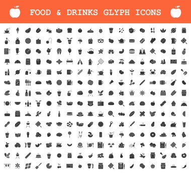 Food and drinks glyph icons big set. Restaurant menu and BBQ. Meat, fish, vegetables, fruits, cookies, desserts. Alcohol drinks and cocktails. Silhouette symbols. Vector isolated illustration clipart