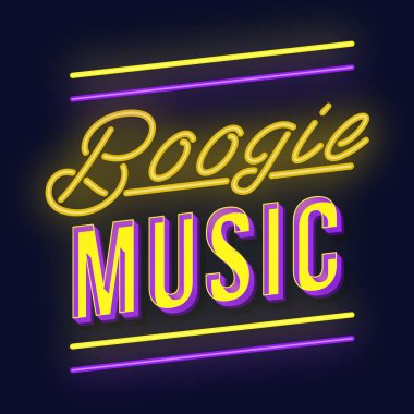 Boogie müzik vintage 3d vektör yazı. Retro kalın yazı tipi, yazı tipi. Pop art stilize metin. Eski okul tarzı neon ışık harfler. 90'lar, 80'ler afişi, afiş. Koyu mor renk arka plan