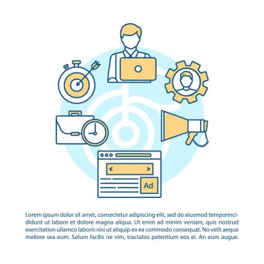 Dijital pazarlama makalesi sayfa vektör şablonu. Seo, hedef reklam. Broşür, dergi, doğrusal simgeler ve metin ile kitapçık tasarım elemanı. Baskı tasarımı. Metin alanı ile kavram çizimleri