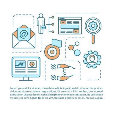 Dijital pazarlama makalesi sayfa vektör şablonu. Müşteri cazibesi. Doğrusal simgeler ve metin kutuları ile broşür, dergi, kitapçık tasarım elemanı. Baskı tasarımı. Metin alanı ile kavram çizimleri
