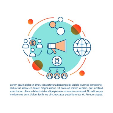 Tavsiye pazarlama programı makale sayfa vektör şablonu. Ağızdan ağıza. Doğrusal simgeler ve metin kutuları ile broşür, dergi, kitapçık tasarım elemanı. Baskı tasarımı. Metin alanı ile kavram çizimleri