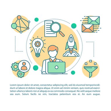 Dijital pazarlama özel kapak tasarım makale sayfa vektör şablonu. Doğrusal simgeler ve metin kutuları ile broşür, dergi, kitapçık tasarım elemanı. Baskı tasarımı. Metin alanı ile kavram çizimleri