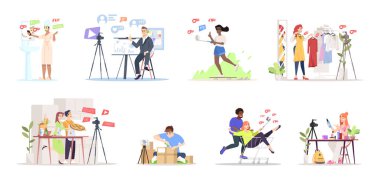 Blogcular düz vektör çizimler ayarlayın akışı. Influencer pazarlama. Flamalar, vloggers çizgi film karakterleri. Moda, online inceleme, mutfak vlogs içerik yaratıcıları. Canlı video kanalı konsepti