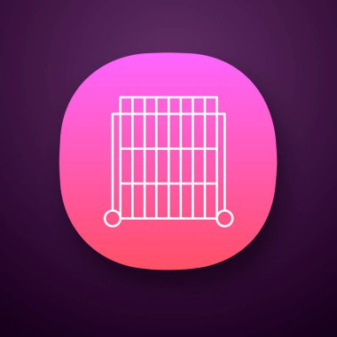 Kriket görüş ekranı uygulama simgesi. Profesyonel spor ekipmanları. Tekerlekli dikdörtgen kafes. Yarasa ve top takım oyunu. Ui/Ux kullanıcı arabirimi. Web veya mobil uygulama. Vektör izole illüstrasyon