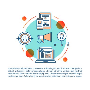 Dijital pazarlama makalesi sayfa vektör şablonu. Smm, reklamlar. Doğrusal simgeler ve metin kutuları ile broşür, dergi, kitapçık tasarım elemanı. Baskı tasarımı. Metin alanı ile kavram çizimleri