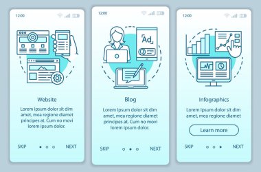 Seo turkuaz onboarding mobil uygulama sayfası ekran vektör şablonu için Kanallar. Pazarlama. Web sitesi, doğrusal çizimler ile web sitesi walkthrough web adımları. Ux, Ui, Gui akıllı telefon arayüz konsepti