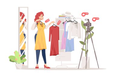 Moda blogger düz vektör illüstrasyon. Elbise, online alışveriş, giyim mağazası ve lookbooks influencer inceleme. Kadın tarzı streamer izole çizgi film karakteri. Stilist, fashionista, moda danışmanı