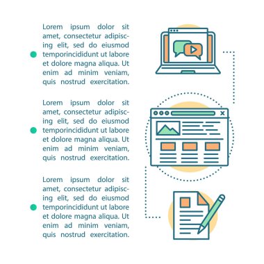 İçerik oluşturma makale sayfası vektör şablonu. Video, yazı, blog. Doğrusal simgeler ve metin kutuları ile broşür, dergi, kitapçık tasarım elemanı. Baskı tasarımı. Metin alanı ile kavram çizimleri