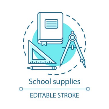 Okul malzemeleri, öğrenci ekipmanları konsept simgesi. Kırtasiye maddesi