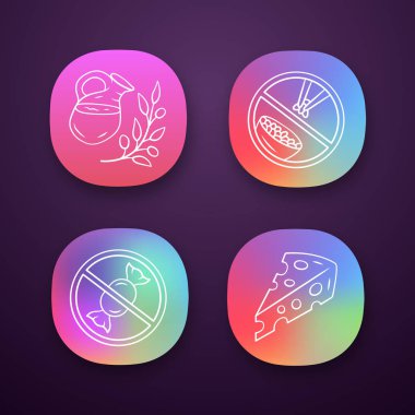 Şeker organik ürünler uygulama simgeleri ayarlanır. Diyet gıda sağlıklı beslenme. Ui/Ux kullanıcı arabirimi. Glikoz ücretsiz ve düşük karbonhidrat keto diyet. Web veya mobil uygulamalar. Vektör izole çizimler