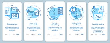 Pazarlama otomasyonu mavi onboarding mobil uygulama sayfası ekran vektör şablonu. Yazılım platformları doğrusal çizimler ile web sitesi adımları walkthrough. Ux, Ui, Gui akıllı telefon arayüz konsepti