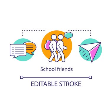 Okul arkadaşları kavram simgesi. Sırt çantaları dedikodu suolan sınıf arkadaşları. Okul çocukları diyalogları, konuşma baloncukları. Çocukluk anıları ince çizgi illüstrasyon. Vektör yalıtılmış anahat çizimi. Kullanılabilir kontur