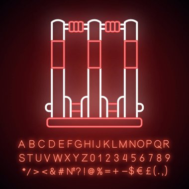 Kriket kütükleri neon ışık simgesi. Kriket kalesi. Oyundaki kapı. Kefaletle üç dikey mevki. Spor oyun alanı ekipmanları. Alfabe, sayılar ve semboller ile parlayan işareti. Vektör izole illüstrasyon