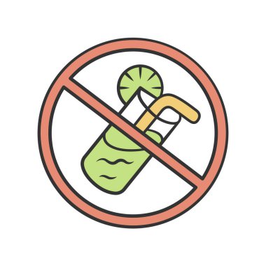 Alkolsüz içecek renk simgesi yok. Yüksek şeker içeren gazlı içecek. Abur cubur ve fastfood etiketi yok. Meyve suyu ve soda yok. Saman izole vektör illüstrasyon ile plastik paket fincan İçecek 