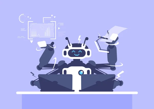 Multitasking robot flat vector illustration. Office worker, manager with artificial intelligence isolated cartoon character. Ai employee working with laptops. Humanoid, cyborg, android at workplace — Stock Vector