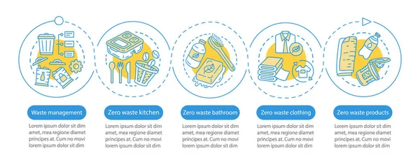 Plantilla de infografía vectorial de desperdicio cero. Elementos de diseño de presentación empresarial. Visualización de datos con cinco pasos y opciones. Proceso cronograma gráfico. Diseño del flujo de trabajo con iconos lineales — Archivo Imágenes Vectoriales