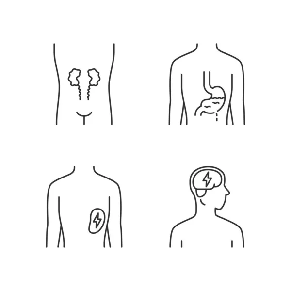 Serie di icone lineari di organi umani malsani. Reni doloranti e milza. Achi — Vettoriale Stock