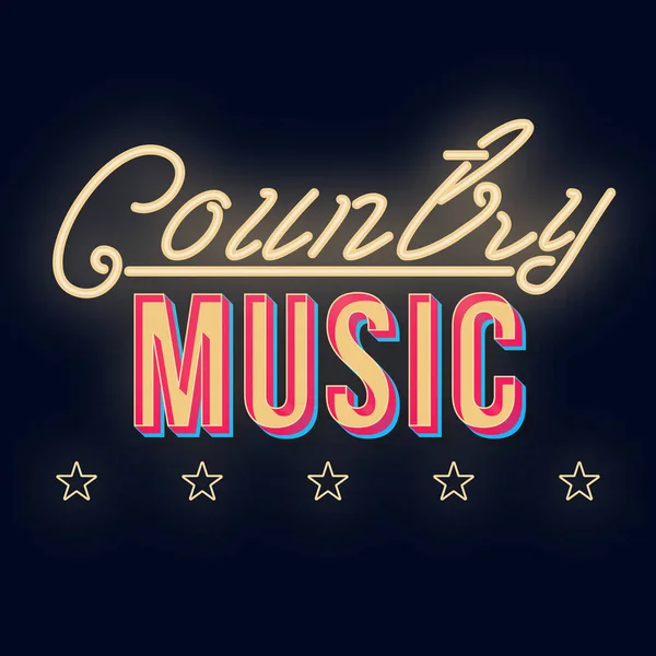 Country Musik Vintage 3D Vektor Schriftzug. Tanzparty. Fette Retro-Schrift, Schrift. Pop-Art stilisierter Text. Leuchtbuchstaben der alten Schule. 90er, 80er Plakat, Banner. dunkel violette Farbe Hintergrund — Stockvektor