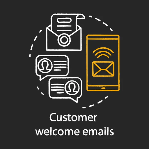 Client bienvenue e-mails craie concept icône. Idée de message de bienvenue. Email marketing. Nouvel abonné. Envoi de courriels. Communication, publipostage. Illustration vectorielle de tableau isolé — Image vectorielle