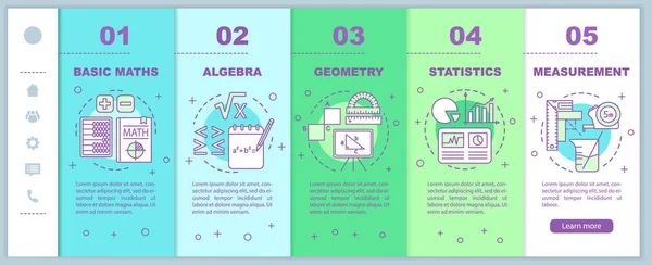 Matematik kurs onboarding mobil webbsidor vektor mall. Algebra, geometri. Responsiv smartphone webbgränssnitt idé med linjära illustrationer. Webbsida genomgång steg skärmar. Färgkoncept — Stock vektor