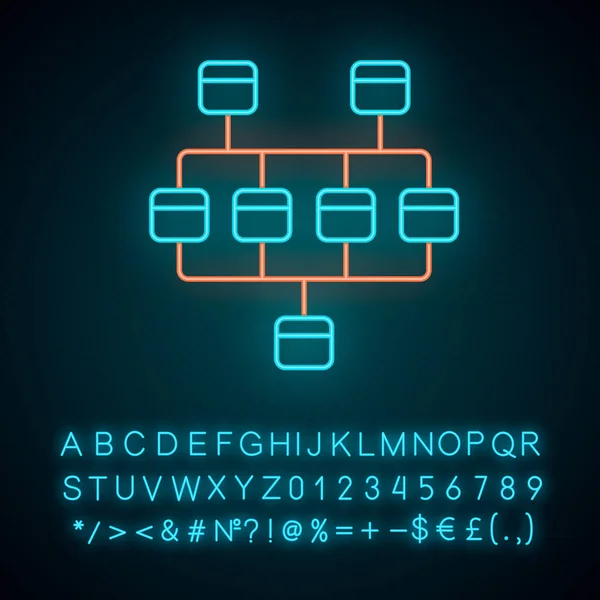 Schema di rete icona luce al neon. Schema a grappolo. Grafico di rete. Struttura dei computer. Sistema interconnesso. Segno luminoso con alfabeto, numeri e simboli. Illustrazione isolata vettoriale — Vettoriale Stock