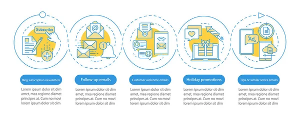 Векторний інфографічний шаблон маркетингу електронної пошти. Розсилка. Елементи дизайну бізнес-презентації. Візуалізація даних з п'ятьма кроками та параметрами. Діаграма часу обробки. Розкладка робочого процесу з лінійними піктограмами — стоковий вектор