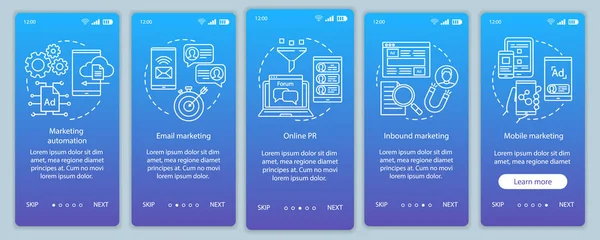 Цифровая маркетинговая тактика синий бортовой мобильное приложение страницу векторный шаблон. Шаги рекламной кампании через веб-сайт с линейными иллюстрациями. Интерфейс смартфона UX, UI, GUI — стоковый вектор