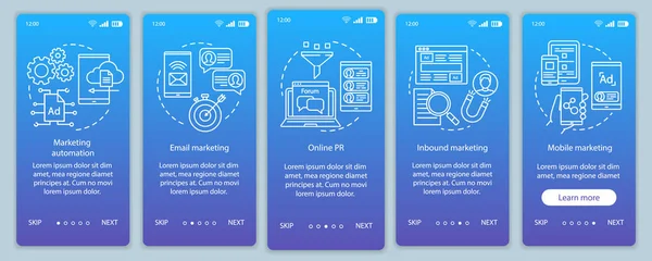 Tácticas de marketing digital azul incorporación aplicación móvil página pantalla vector plantilla. La campaña publicitaria recorre los pasos del sitio web con ilustraciones lineales. UX, interfaz de usuario, concepto de interfaz de teléfono inteligente GUI — Archivo Imágenes Vectoriales