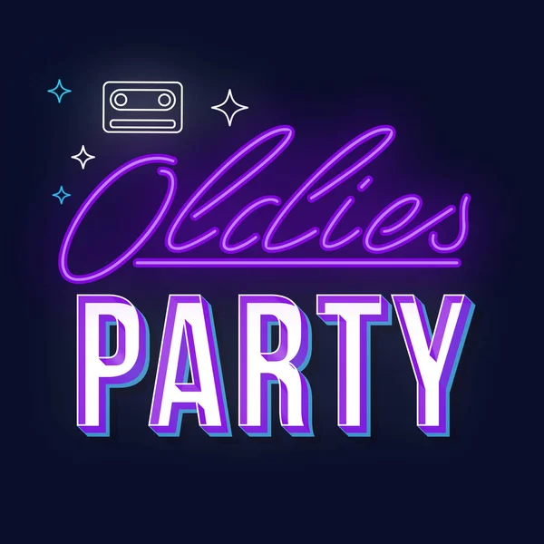 Oldies party vintage 3d vector lettering. Retro bold font, typeface. Pop art stylized text. Old school style neon light letters. 90s, 80s poster, banner. Dark violet color background — Stock Vector
