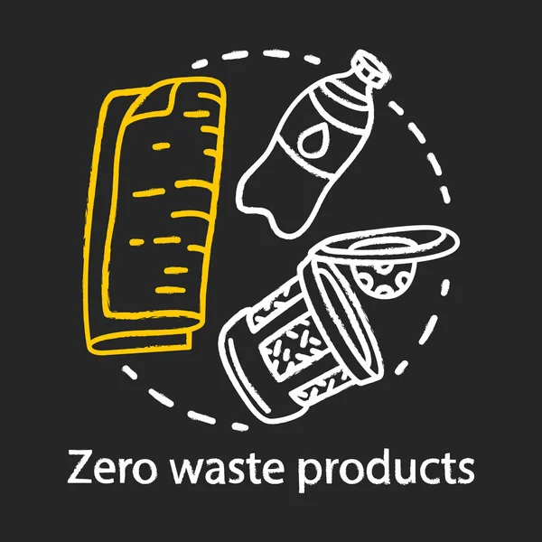 Zero resíduos, reciclagem e reutilização itens giz ícone conceito. Diferentes recicláveis e eco verde, produtos amigáveis, ideia de gestão de resíduos. Ilustração isolada de quadro-negro vetorial — Vetor de Stock