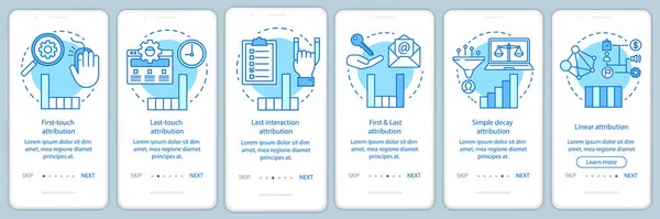 Attribution modellering typer blå onboarding Mobile App sida skärm vektor mall. Diagram, diagram genomgång webbplats steg med linjära illustrationer. UX, UI, GUI smartphone gränssnitt koncept — Stock vektor