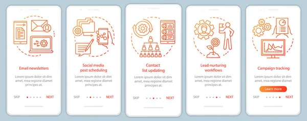 Plantilla de vector de pantalla de página de aplicación móvil incorporada naranja automatización de marketing. Las plataformas de software recorren los pasos del sitio web con ilustraciones lineales. UX, interfaz de usuario, concepto de interfaz de teléfono inteligente GUI — Vector de stock