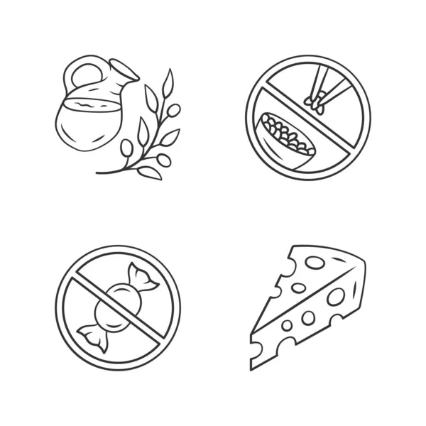 No sugar organic products linear icons set. Thin line contour symbols. Glucose free and low carbs keto diet. Natural fresh drink, Swiss cheese isolated vector outline illustrations. Editable stroke — Stock Vector