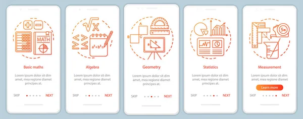 Educational tool, studying mathematics onboarding mobile app page screen vector template. Walkthrough website five steps with linear illustrations. UX, UI, GUI smartphone interface concept