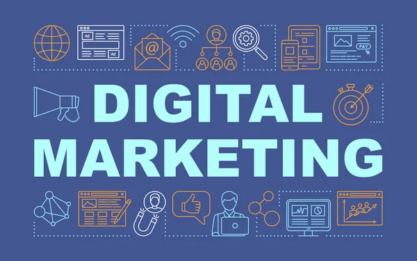 Dijital pazarlama kelime kavramları afiş. Reklamlar, teknolojiler, iş. Sunum, web sitesi. Doğrusal simgeler ile izole harf tipografi fikri. Vektör anahat çizimi