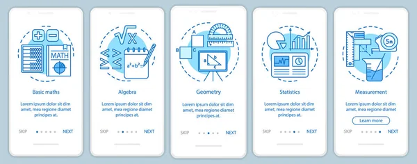 Lärande matematik kurs, pedagogiska verktyg onboarding Mobile App Page Screen Vector mall. Genomgång webbplats fem steg med linjära illustrationer. UX, UI, GUI smartphone gränssnitt obefläckade — Stock vektor