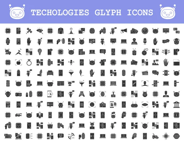 Technologies glyph icons big set. Artificial intelligence, robots and chatbots. NFC, internet banking, online payments services. Mobile technologies. Silhouette symbols. Vector isolated illustration — Stock Vector